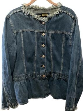 Suzanne Betro Jacket Womens XL Blue Denim Button Up Dark Wash Frayed Edge